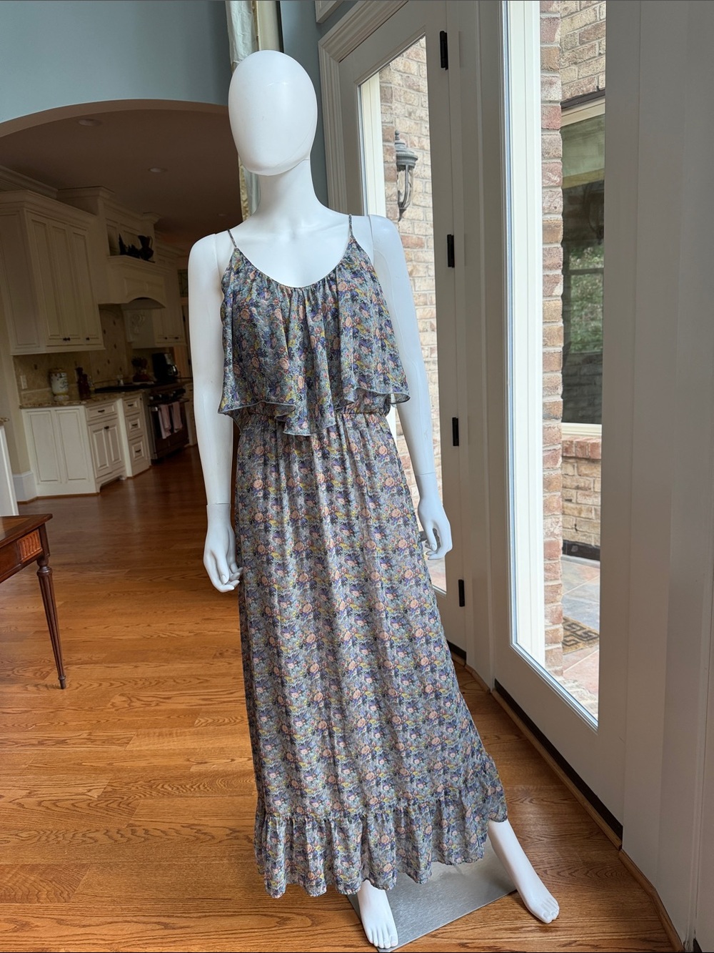 Backstage Sleeveless Floral Maxi Dress with Ruffle Overlay in Muted Blue